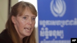 FILE-UN Special Rapporteur on the Situation of Human Rights in Cambodia Rhona Smith speaks during a press conference at her main office in Phnom Penh, Cambodia, Wednesday, Oct. 19, 2016. 