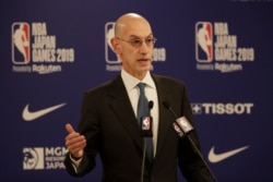 NBA Commissioner Adam Silver speaks at a news conference before an NBA preseason basketball game between the Houston Rockets and the Toronto Raptors, in Saitama, near Tokyo, Japan, Oct. 8, 2019.