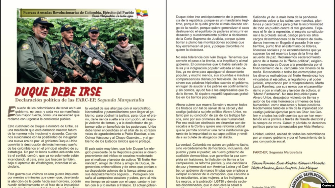 En la comunicación de la Nueva Marquetalia, como se conoce la disidencia de las FARC, el grupo armado exige la renuncia del presidente Iván Duque.
