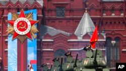 Legendary Soviet-era T-34 tanks roll during a dress rehearsal for the Victory Day military parade in Moscow, Russia. The parade will take place at Moscow&#39;s Red Square on May 9 to celebrate 76 years of the victory in WWII. 