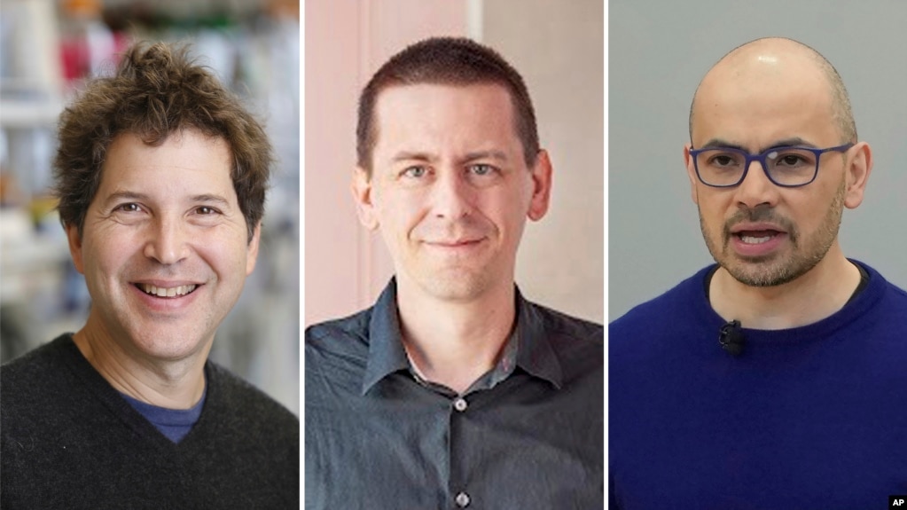 This combo of pictures show American biochemist David Baker, from left, American researcher John Jumper and Demis Hassabis, CEO of DeepMind Technologies, the AI division behind Gemini. (UW Medicine/Google DeepMind via AP/AP Photo/Jeff Chiu)