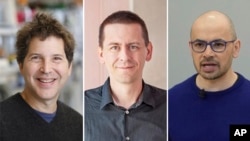 This combo of pictures show American biochemist David Baker, from left, American researcher John Jumper and Demis Hassabis, CEO of DeepMind Technologies, the AI division behind Gemini. (UW Medicine/Google DeepMind via AP/AP Photo/Jeff Chiu)