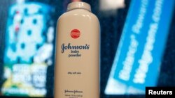 FILE - A bottle of Johnson & Johnson baby powder.