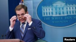 John Kirby speaks at a press briefing at the White House in Washington