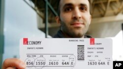 Just hours after an appeals court blocked an attempt to re-impose the travel ban, Iranian researcher Nima Enayati checked in on an Emirates Airline flight direct from Milan’s Malpensa airport to New York’s JFK, Feb. 5, 2017.