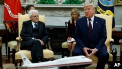 President Donald Trump speaks during a meeting with Italian President Sergio Mattarella in the Oval Office of the White House, Oct. 16, 2019, in Washington.