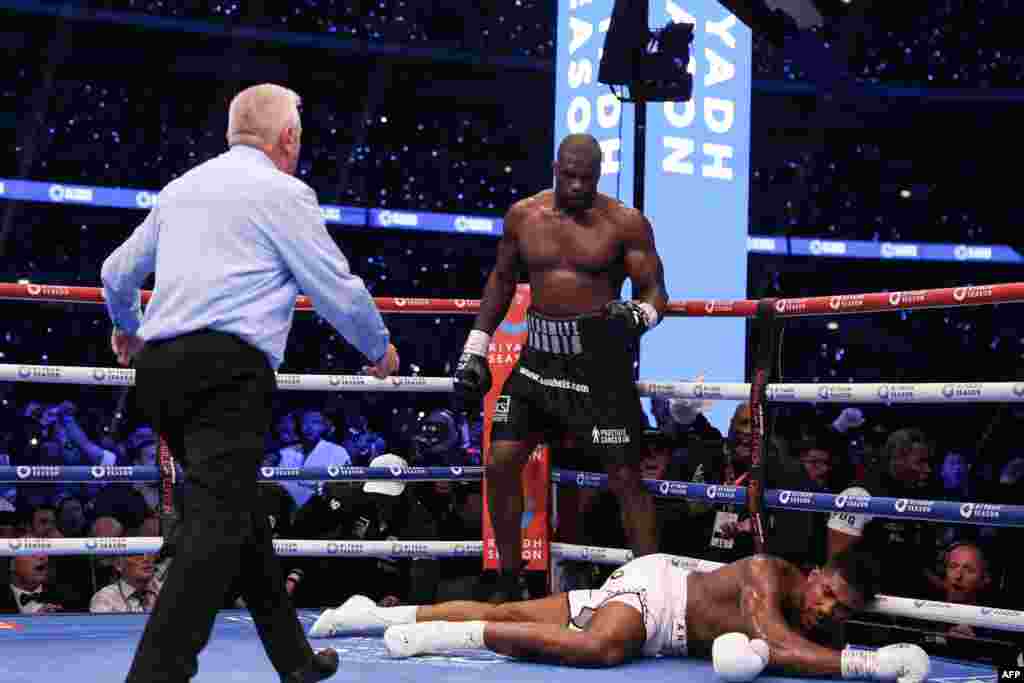 Moyi Grande-Bretagne Anthony Joshua alali na makofi ya moyi Grande-Bretagne mosusu Daniel Dubois na bitumba ya ba poids lourds ya nkamba ya molongo ya IBF na etando ya masano ya Wembley, Londres, Sanza 21 2024. (Photo by Adrian Dennis / AFP) 