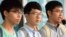 香港众志秘书长黄之锋（左起），香港众志主席罗冠聪，前学联秘书长周永康。（美国之音汤惠芸摄）