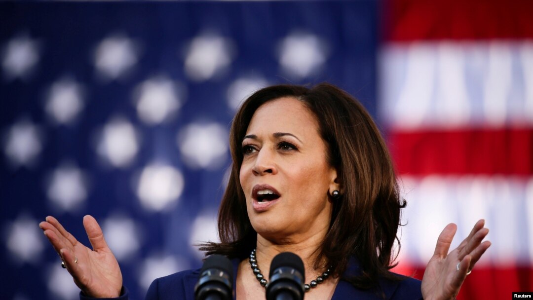 FILE - U.S. Senator Kamala Harris speaks at a rally at Frank H. Ogawa Plaza in her hometown of Oakland, California, Jan. 27, 2019.