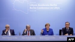 Dari kiri: Perwakilan Khusus dan Kepala Misi Dukungan PBB di Libya (UNSMIL) Ghassan Salame, Sekretaris Jenderal Perserikatan Bangsa-Bangsa (PBB) Antonio Guterres, Kanselir Jerman Angela Merkel dan Menteri Luar Negeri Jerman Heiko Maas. (Foto: dok). 