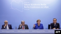 KTT Perwakilan Khusus dan Kepala Misi Dukungan PBB di Libya (UNSMIL) di Berlin, 19 Januari 2020. Dari kiri: Ghassan Salame, Sekjen PBB Antonio Guterres, Kanselir Jerman Angela Merkel dan Menlu Jerman Heiko Maas. 