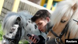 A man uses a mobile phone near his ponies at a park in central Kyiv, Ukraine.
