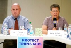 FILE - Amy Allen, the mother of an eighth-grade transgender son, speaks at a Human Rights Campaign roundtable discussion on anti-transgender laws, in Nashville, Tenn., May 21, 2021.