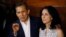 Peru's former President Ollanta Humala speaks next to his wife Nadine Heredia in the door of their home after they were released from prison in Lima, April 30, 2018. 
