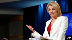 FILE - State Department spokeswoman Heather Nauert speaks during a briefing at the State Department in Washington, Aug. 9, 2017. 