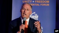 FILE - Democratic Presidential candidate Washington Gov. Jay Inslee speaks during a campaign event at the Unity Freedom Presidential Forum, May 31, 2019, in Pasadena, Calif.