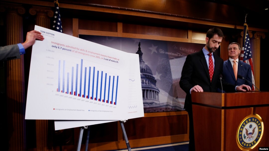 FILE - U.S. Senator Tom Cotton, R-Ark., second from right, and Senator David Perdue, R-Ga., right, unveil legislation aimed at curbing legal immigration by halving the number of legal immigrants admitted into the United States, at the U.S. Capitol in Washington, Feb. 7, 2017. 