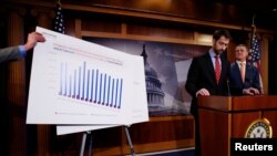 FILE - U.S. Senator Tom Cotton, R-Ark., second from right, and Senator David Perdue, R-Ga., right, unveil legislation aimed at curbing legal immigration by halving the number of legal immigrants admitted into the United States, at the U.S. Capitol in Washington, Feb. 7, 2017. 