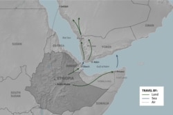 Human Rights Watch has mapped common migration routes between Ethiopia and Saudi Arabia. The routes hold perils including trafficking, exploitation, abuse and confinement, the rights group says.