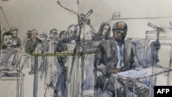 This court sketch made on November 14, 2023, shows Rwandan former Dr. Sosthene Munyemana attending his trial on charges of genocide and crimes against humanity during the 1994 massacres in Rwanda, at the Palais de Justice courthouse on the Ile de la Cite, central Paris. 