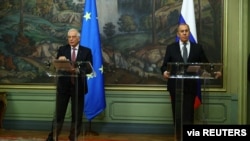 Russian Foreign Minister Sergey Lavrov and European Union foreign policy chief Josep Borrell attend a news conference following their talks in Moscow, Feb. 5, 2021. 