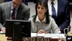 FILE - U.S. Ambassador to the United Nations Nikki Haley speaks at a U.N. Security Council meeting in New York, Dec. 8, 2017. 