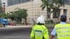 香港警察在西九龙裁判法院一带戒备。美国之音记者高锋摄，(2026年8月29日)
