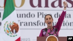 President Claudia Sheinbaum gestures to the crowd during an event marking her first 100 days in office, at the Zócalo, Mexico City's main square, in Mexico City, Jan. 12, 2025. 