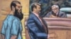 Abid Naseer (L) is seen in a courtroom sketch with his attorney Steven Brounstein (C) and Judge Raymond Dearie as he pleads not guilty to terrorism charges in his first U.S. court appearance in New York January 7, 2013.