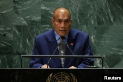 FILE - Kiribati President Taneti Maamau addresses the U.N. General Assembly in New York on Sept. 21, 2023.