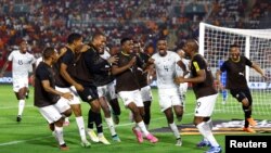 South Africa's Teboho Mokoena celebrates scoring a goal with his teammates during the Round of 16 clash against Morocco at the 2023 Africa Cup of Nations. 