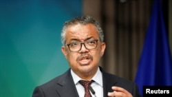 FILE: World Health Organization Tedros Adhanom Ghebreyesus gives a statement on the coronavirus disease (COVID-19) vaccination, during a European Union - African Union summit, in Brussels, Belgium. 2.18.2022