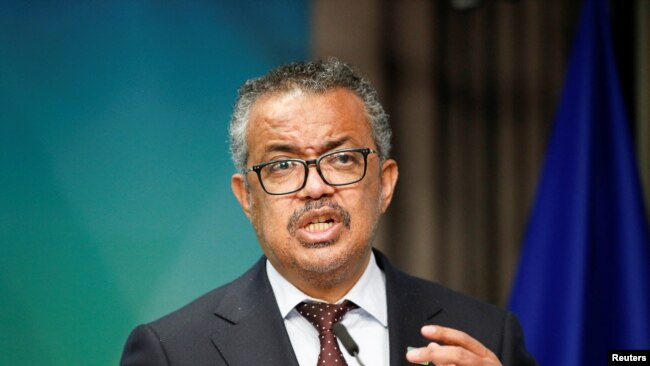 WHO chief Tedros Adhanom Ghebreyesus gives a statement on the coronavirus disease vaccination, during a European Union and African Union summit, in Brussels, Belgium Feb. 18, 2022.