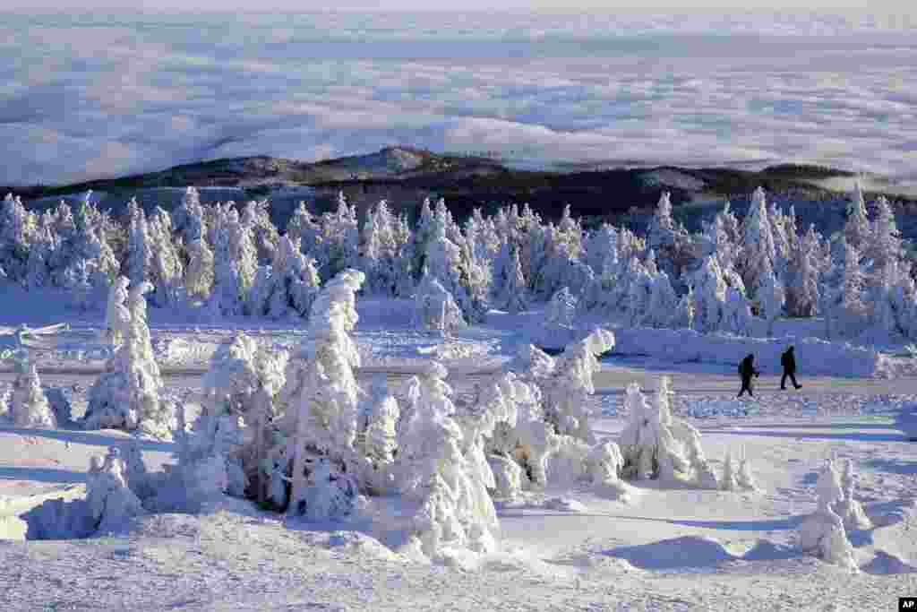 Hikers pass snow and ice covered trees at the top of northern Germany&#39;s 1,142-meter (3,743 feet) high &#39;Brocken&#39; at the Harz mountains near Schierke, Germany.