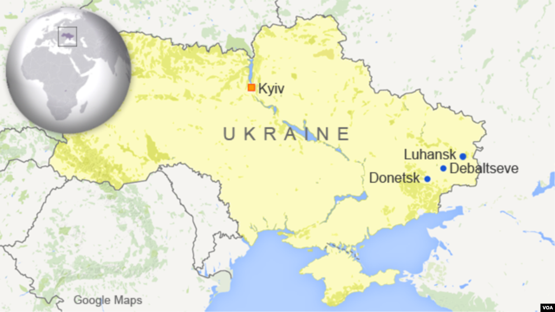 Map of Ukraine showing Donetsk, Luhansk, and Debaltseve