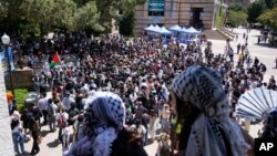FILE - Students gather on the UCLA campus to protest the Israel-Hamas War, April 29, 2024, in Los Angeles. A federal judge ordered Monday, July 29, that UCLA craft a plan to protect Jewish students, months after pro-Palestinian protests broke out on campus. 