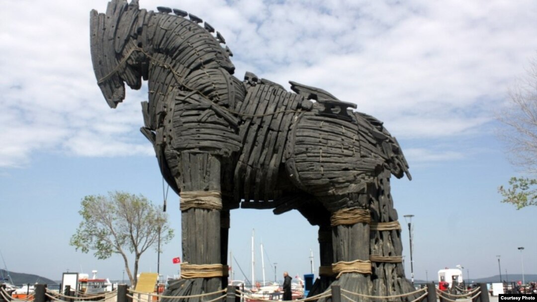 The 12-ton fiberglass Trojan Horse, used in the 2004 film Troy, dominates Canakkale's seafront, 30 meters north of the ancient city of Troy. (Photo by BusyLizzy)