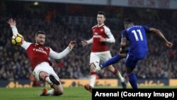 La recrue vedette d'Arsenal Pierre-Emerick Aubameyang a marqué son premier but pour ses débuts sous ses nouvelles couleurs contre Everton, lors de la 26e journée de Premier League, Angleterre, 3 février 2018. (Twitter/Arsenal)