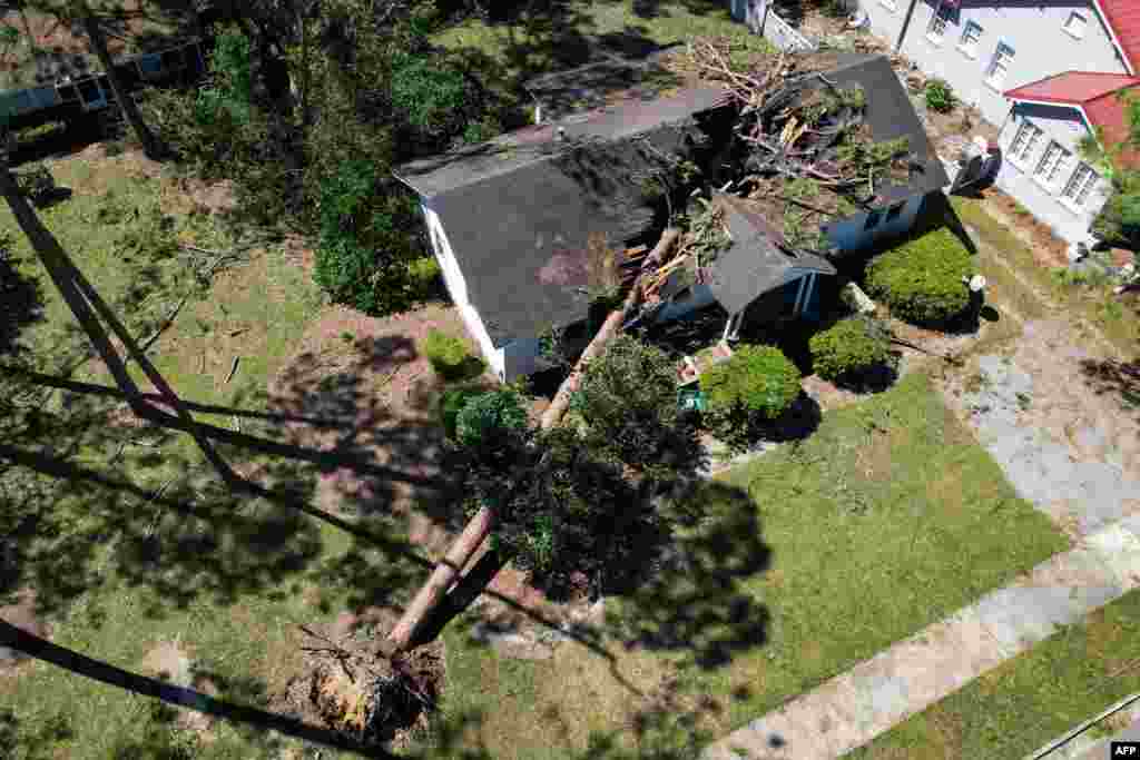 An aerial picture taken on Sept. 28, 2024, shows storm damage in the aftermath of Hurricane Helene in Valdosta, Georgia.&nbsp;At least 44 people died across five U.S. states battered by powerful storm Helene, authorities said, after torrential flooding prompted emergency responders to launch massive rescue operations.