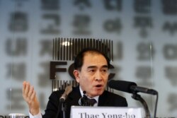 Thae Yong Ho, North Korea's former deputy ambassador to Britain, speaks during a news conference, ahead of the country's general election in April, in Seoul, South Korea, Feb. 19, 2020.