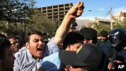 An Iranian protester chants slogans at the Saudi Arabian Embassy in Tehran, Iran, on Sept. 27, 2015, during a gathering to blame Saudi for a deadly stampede that killed at least 700 and possibly 1,400 people. 