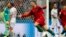 Portugal's Cristiano Ronaldo celebrates after he scored his third goal with a free kick during a group B draw, 3-3, with Spain at the 2018 World Cup in the Fisht Stadium in Sochi, Russia, June 15, 2018. 