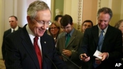 Senate Majority Leader Harry Reid (D-NV) speaks to the media after a closed door meeting with Senate Democrats and Vice President Joseph Biden, at the U.S. Capitol, on August 1, 2011 in Washington, DC.