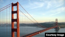 The Golden Gate Bridge in San Francisco, California at sunset.