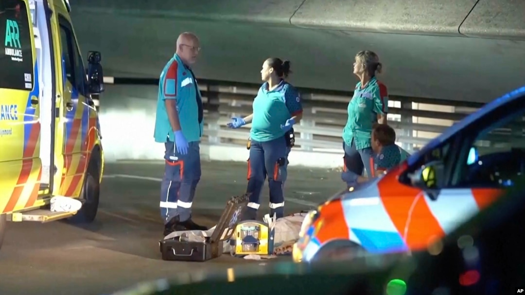In this image made from video provided by Media TV, personnel respond to a stabbing late Sept. 19, 2024, in the port city of Rotterdam, Netherlands. 
