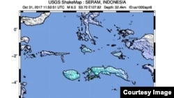 Pusat gempa di sebelah barat-daya Hila, Ambon, Maluku, 31 Oktober 2017.