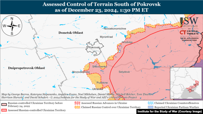 Ситуація на фронті в районі міста Покровськ (Донецька область) станом на 23 грудня 2024 року. Фото з вебсторінки Інституту вивчення війни