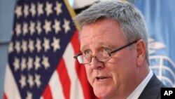 FILE - U.S. Olympic Committee CEO Scott Blackmun speaks about the Team USA WinterFest for the 2018 Pyeongchang Winter Olympic Games, in Seoul, South Korea, Aug. 1, 2017.