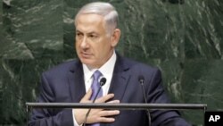 PM Israel Benjamin Netanyahu saat menyampaikan pidatonya di hadapan Sidang Majelis Umum PBB hari Senin (29/9).