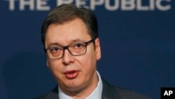Premijer Srbije Aleksandar Vučić na konferenciji za novinare u Beogradu, 27. aprila 2017.